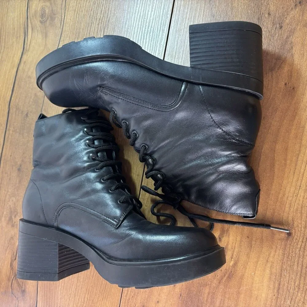 8 Vtg 90s Y2K Mister Black Leather Chunky Grunge Goth Platform Combat Boots